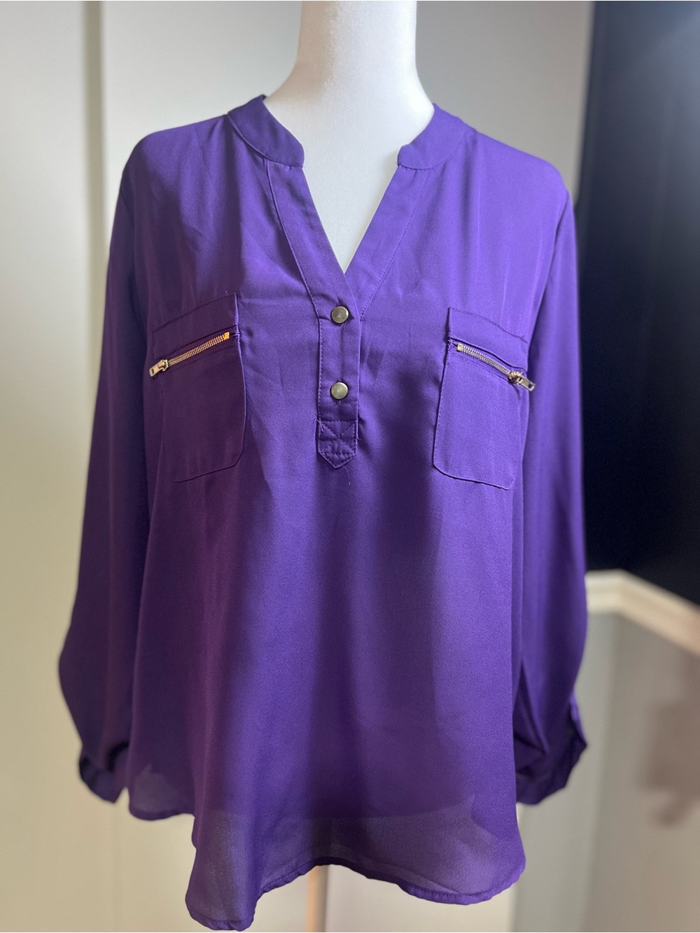 Sweet Wanderer Purple V-Neck Long Sleeve Blouse with Gold Accents